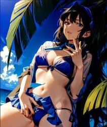 1girls ai_generated ai_hands artist_request bare_midriff beach bikini black_hair blue_bikini blue_eyes blue_swimsuit character_request cleavage clouds daytime female female_only long_hair medium_breasts nature navel outdoors outside palm_leaf solo source_request swimsuit tagme two-piece_swimsuit water