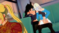 2girls animated assisted_masturbation black_hair blake_belladonna blonde_hair blush bow bus casual_clothes catgirl clothed clothing dezerbitch digital_media_(artwork) exposed_shoulders faunus fingering glasses holding_arm holding_partner less_than_30_seconds navel no_sound orgasm orgasm_face original_character pants_down public risky_sex rubbing_pussy rwby squirting stomach tagme twintails video weiss_schnee white_hair yuri