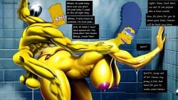 1boy 1girls 20th_century_fox 20th_century_studios ai_generated bart_simpson big_balls big_breasts comic_panel dialogue marge_simpson shower_sex the_simpsons yellow_skin