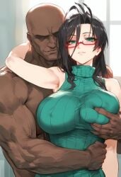 1boy 1girls ai_generated bare_arms bare_shoulders big_breasts black_hair blush color dark-skinned_male dark_skin female glasses grabbing_breasts green_eyes hand_on_breast hasegawa_chisato hi_res interracial large_breasts light-skinned_female light_skin long_hair looking_at_viewer male male/female muscles muscular muscular_male nakatori shinmai_maou_no_testament tagme thick_thighs