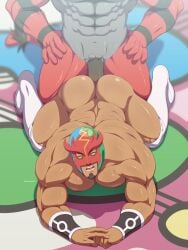 abs anal_sex arched_back bara biceps big_ass bubble_butt closed_eyes edd_layerex facial_hair gay hands_on_hips incineroar interspecies kukui_(pokemon) masked_male masked_royal muscular_male naked on_floor pecs pleasure_face pokemon pokemon_sm pokephilia pubic_hair