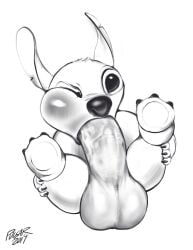 alien autofellatio black_and_white cheek_bulge grabbing_legs hyper_balls hyper_penis lilo_and_stitch male male_only pulsar self_sucking sketch solo_male stitch stitch_(lilo_and_stitch)