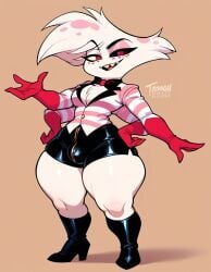 1boy ai_generated angel_dust_(hazbin_hotel) anthro arachnid arthropod big_ass big_butt brax_(artist) bulge bulge_through_clothing clothing femboy fur hazbin_hotel high_heels hips humanoid shortstack smaller_male solo wide_hips