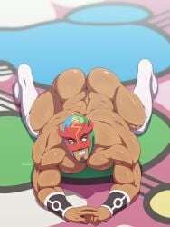 arched_back bara biceps big_ass bubble_butt edd_layerex facial_hair kukui_(pokemon) male_focus masked_male masked_royal muscular_male naked offering_to_viewer on_floor pecs pokemon pokemon_sm round_ass smile solo_male