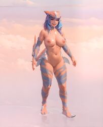 ai_generated blue_hair blue_markings blue_stripes breeders_of_the_nephelym female female female fins full_body human_face humanoid monster_girl navel nephelym nipple nipples nude nude_female orange_skin shark shark_fin shark_girl shark_humanoid shark_tail shark_teeth stable_diffusion standing