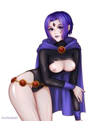 1girls artist_name breasts breasts_out cape dc_comics forehead_jewel grey_body hi_res leaning_forward leotard looking_at_viewer matching_hair/eyes nipples no_bra owlnotatall purple_eyes purple_hair raven_(dc) short_hair simple_background small_breasts solo standing teen_titans thighs torn_clothes white_background wide_hips