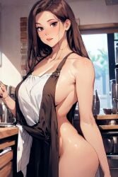 ai_generated apron big_breasts breasts brown_eyes brown_hair cleavage coffee_maker cooker curvy curvy_body curvy_figure female frying_pan kitchen kitchen_cabinet kitchen_counter landlord's_little_daughter large_breasts looking_at_viewer manhwa naked naked_apron nude outside_view pots queen_bee_(manhwa) sideboob smile smiling_at_viewer stable_diffusion thermostat tree wide_hips window yoo_dali