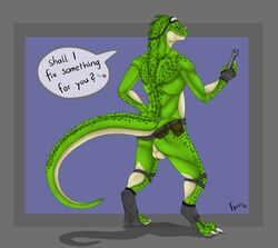 1boy 2013 anthro ass back balls belt bottomless claws clothing dialog digitigrade dragon fersir green_dragon heart horn leather looking_back male male_only markings mechanic muscles plain_background playful pose presenting presenting_hindquarters scales scalie smile socks solo standing text tools topless