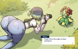 2d 2d_(artwork) ass bellossom big_ass bottom_heavy breasts camera female green_hair hair huge_ass jeans nintendo on_all_fours pantylines perrin_(pokemon) photo pokemon small_breasts tail-blazer taking_photo text