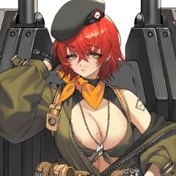 2v_(joyeong) areola_slip areolae beret big_breasts black_gloves cleavage color eyebrows_visible_through_hair female female_focus female_only female_soldier game_cg gloves hair_between_eyes half-closed_eyes hand_behind_head last_origin looking_at_viewer military_uniform mole mole_on_breast nashorn_(last_origin) necklace nipple_bulge open_clothes open_jacket orange_eyes orange_scarf red_hair scarf short_hair small_image soldier soldier_uniform tank_top tattoo tattoo_on_arm transparent_background upper_body weapon