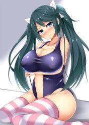 aqua_hair big_ass big_breasts blue_eyes cleavage collarbone competition_swimsuit covered_erect_nipples covering_crotch embarrassed erect_nipples isuzu_(kantai_collection) kantai_collection knees_together_feet_apart looking_at_viewer multicolored_socks one-piece_swimsuit pink_and_white puffy_nipples swimsuit thick_thighs thighhighs twintails very_long_hair white_bow wide_hips yahiro_(anhnw)