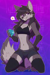 ai_generated animal_ears animal_nose anthro anthro_femboy anthro_only belly_button black_fur brown_hair canid canine cheek_fluff cheek_tuft chest_tuft digigrade exposed_shoulders eyelashes eyeshadow femboy femboy_focus femboy_only fit flat_chest furry furry_breasts furry_femboy furry_male furry_only grey_fur hair_over_one_eye heart holding_object hourglass_figure jean_shorts long_hair looking_at_viewer majorfluffy male_focus narrow_thighs narrow_waist novelai purple_eyes shorts smile solo solo_anthro solo_male tagme thigh_highs toes two_tone_body two_tone_fur wide_hips wolf wolf_boy wolf_femboy