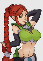 2016 braid breasts cassie_(paladins) female green_eyes hi-rez_studios large_breasts navel paladins_(game) red_hair smile solo splashbrush tied_hair timber_cassie