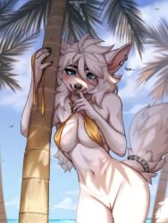 anthro bikini biped bite blue_eyes bottomless canid clothed clothing cloud detailed_background ear_piercing female finger_bite finger_in_mouth fur genitals hi_res looking_at_viewer mammal navel piercing plant pussy solo spuydjeks swimwear tail tree two-piece_swimsuit white_body white_fur white_tail