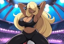 ai_generated blonde_hair curvy curvy_figure cynthia_(pokemon) dark-skinned_female dark_skin female large_breasts mullon novelai pants poke_ball pokemon pokemon_dppt race_swap solo tank_top