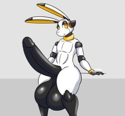 13un anthro balls big_balls big_penis genitals huge_balls huge_cock jiqqy lagomorph leporid machine male mammal orange_eyes penis rabbit robot solo thick_thighs white_body