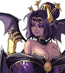 1girls black_hair blue_eyes cleavage demon_girl demon_wings digimon digimon_(species) female female_only gingrjoke hair_ornament hi_res horns lilithmon looking_away mole mole_under_eye narrowed_eyes pointy_ears purple_eyeshadow purple_lipstick smiling smirk solo succubus tied_hair white_background wings