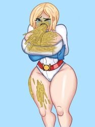 blonde_hair boob_window covered_in_vomit dc dc_comics emetophilia green_face huge_breasts justice_league kara_zor-el karen_starr large_breasts power_girl superheroine tears tight_clothing vomit vomiting_on_self vomitklok