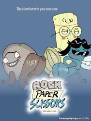 3boys animate_inanimate anthro ass balls blue_background cum cum_on_ass digital_media_(artwork) from_behind genital_fluids ibispaintx logo nickelodeon not_furry paper_(rock_paper_scissors) privategyre rock_(rock_paper_scissors) rock_paper_scissors_(nickelodeon) rock_paper_scissors_(series) scissors_(rock_paper_scissors) simple_background spread_butt what wtf