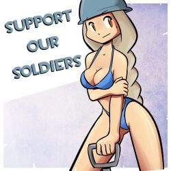 bare_shoulders bikini bikini_bottom bikini_top blue_bikini blue_bikini_bottom blue_bikini_top breasts cleavage english_text female femsoldier headwear helmet jopereira nerf_now soldier soldier_(team_fortress_2) solo team_fortress_2 text