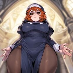 ai_generated big_breasts breasts breasts_out church church_interior looking_at_viewer nun nun_outfit red_hair