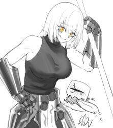 1girls armor armpits clothing don_quixote_(limbus_company) female female_only gauntlets limbus_company looking_at_viewer no_color project_moon short_hair sketch smile tank_top yellow_eyes