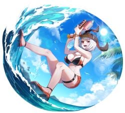 1girls beach big_breasts bikini cleavage clothing edit female female_only hat library_of_ruina lobotomy_corporation myo_(lobotomy_corporation) pale-skinned_female pale_skin project_moon red_eyes seaside short_hair tagme upscaled white_hair