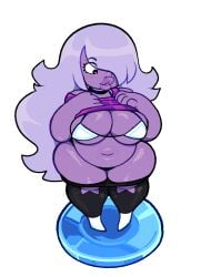 1girls amethyst_(steven_universe) ass bedroom_eyes big_breasts big_lips black_pants bra breasts cartoon_network curvy curvy_figure female female_only gem gem_(species) hair lavender_hair lips looking_at_self looking_down one_breast_out public purple_skin shortstack solo solo_female solo_focus somescrub steven_universe tagme thick_lips white_bra white_shoes