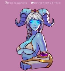 1girls alternate_version_available big_breasts bilkaya blue_eyes blue_skin draenei draenei_female female heroes_of_the_storm horns warcraft white_hair yrel