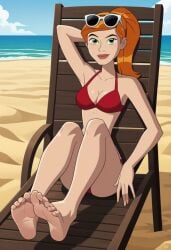 ai_generated barefoot beach beach_chair ben_10 ben_10_ultimate_alien bikini breasts cleavage feet female female_focus female_only foot_fetish ginger ginger_hair gwen_tennyson medium_breasts orange_hair ponytail soles toes