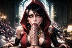 age_origins ai_generated big_ass big_balls big_breasts big_penis creamhorseai dragon_age_inquisition fellatio hi_res high_resolution highres huge_breasts huge_cock morrigan_(dragon_age) penis penis_awe perfect_body precum seductive seductive_eyes