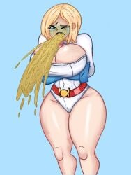 blonde_hair boob_window dc dc_comics emetophilia green_face huge_breasts justice_league kara_zor-el karen_starr large_breasts power_girl superheroine tears tight_clothing vomit vomiting vomitklok