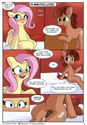 2024 absurd_res balls bed bedroom blue_eyes blush brown_body brown_fur brown_hair colored cutie_mark dialogue duo earth_pony embarrassed english_text equid equine eyebrows eyelashes female fluttershy_(mlp) friendship_is_magic fur furniture genitals green_eyes greeting hair hasbro hi_res horse imminent_sex jtsenop male male/female mammal my_little_pony mythological_creature mythological_equine mythology navel open_mouth open_smile pegasus penis pink_hair pony smile speech_bubble text tjpones url wings yellow_body yellow_fur