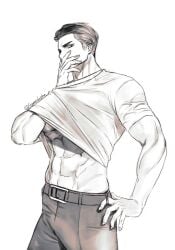 1boy abs artist_name artist_signature belt belt_buckle black_hair clothing gamedaeha limbus_company male male_only meursault_(limbus_company) muscular muscular_male project_moon shirt_lift short_hair