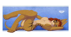 anthro breasts female fur looking_at_viewer mammal marsupial notorious84 nude pinup pouch pussy solo stripes thylacine