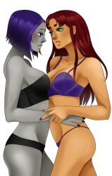 2girls bra dc dc_comics deathbiscutt female female_only goth_girl holding koriand'r lustful_gaze multiple_girls orange_skin purple_hair rachel_roth raven_(dc) red_hair starfire tagme teen_titans