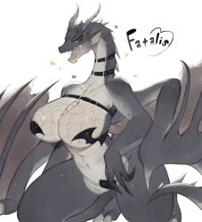 1girls anthro big_breasts black_eyes capcom countershading dragon dragon_wings elder_dragon english_text fatalis_(monster_hunter) female female_only grey_scales heart-shaped_pupils hi_res horns looking_at_viewer monster_hunter open_mouth scales scalie smiling smiling_at_viewer solo text thick_thighs toge77789 togetoge voluptuous white_background winged_arms wings yellow_sclera