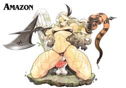 abs amazon_(dragon's_crown) armband axe bikini blonde_hair circlet dragon's_crown fishine gloves green_eyes hair_feather long_hair muscular_female mushroom pinup pose snake solo squat thong vanillaware weapon