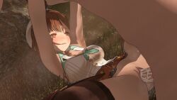 1boy 1girls animated armpits arms_up atelier_(series) atelier_ryza bottomless brown_hair clothed_sex cum_inside happy_sex lazyprocrastinator missionary_position no_panties no_sound outdoors pussy reisalin_stout short_hair spread_legs tagme thick_thighs vaginal_penetration video