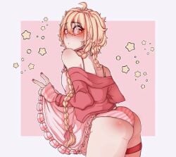 aether_(genshin_impact) blonde_hair_male crossdressing femboy male_with_painted_nails showing_ass sissy