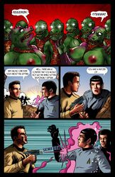 ! ... 3boys 4_panel_comic 9girls anthro areola bimbo bimbofication breasts cleavage comic english_dialogue english_text female gender_transformation gorn_(species) humor james_t._kirk leonard_mccoy nipples non-mammal_breasts rule_63 scalie spock star_trek starfleet_insignia starfleet_uniform talking_to_another transformation voluptuous voluptuous_anthro voluptuous_female vulcan_(species)