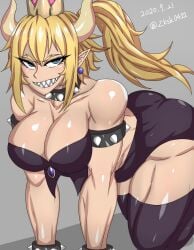 1girls ass black_stockings blonde_hair blue_eyes bowsette breasts clothed_female crown eyelashes female horns image light-skinned_female looking_at_viewer mario_(series) muscular_female nintendo on_all_fours purple_ear_ring sharp_teeth slit_pupils spiked_armlets spiked_bracelets spiked_collar teeth zokusuke