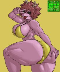 ass big_breasts bikini black_sclera grabbing_own_ass hourglass_figure huge_ass looking_at_viewer mina_ashido muscular_female my_hero_academia pink_body pink_hair short_hair shosho_oekaki shueisha teasing thick_thighs tongue_out yellow_bikini yellow_eyes