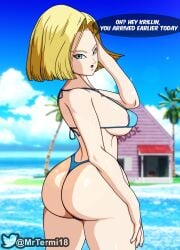 1girls 3d 3d_(artwork) android_18 areola areola_slip areolae areolae_slip ass ass_focus beach big_ass big_breasts big_butt bikini bikini_bottom bikini_top blonde blonde_female blonde_hair blonde_hair_female blue_bikini blue_bikini_bottom blue_bikini_only blue_bikini_top blue_eyes blue_eyes_female bob_cut dat_ass dragon_ball dragon_ball_fighterz dragon_ball_super dragon_ball_z eyelashes female female_only kame_house krillin kuririn light-skinned_female light_skin looking_at_viewer looking_back medium_hair mrtermida nipple_slip ocean sea solo solo_female solo_focus tagme tagme_(artist) tagme_(character) tree water watermark