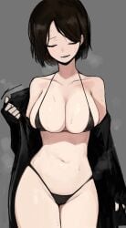 1girls big_breasts black_hair brown_hair cleavage closed_eyes female female_only library_of_ruina micro_bikini moirai_(library_of_ruina) open_clothes project_moon short_hair standing sweat