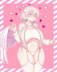1girls bare_shoulders blush curvy heart large_breasts licen navel open_mouth panties pink_background pink_eyes sagume_kishin short_hair simple_background single_wing solo sweater thick_thighs thighhighs touhou turtleneck turtleneck_sweater underwear virgin_destroyer_sweater white_hair white_panties white_sweater wings