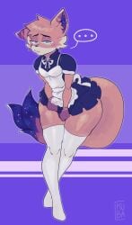 2022 anthro blue_eyes brown_body brown_fur canid canine clothing cosmic_tail digital_media_(artwork) dipstick_ears dipstick_tail ear_markings embarrassed erection erection_under_clothing fox fur genitals gloves_(marking) hi_res kubasama_(artist) legwear maid_uniform male mammal markings multicolored_body multicolored_ears multicolored_fur nero_(nerogivsnerps) penile penis simple_background solo tail tail_markings thick_thighs thigh_highs uniform wide_hips