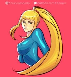 1girls alternate_version_available big_breasts bilkaya blonde_hair blue_eyes female green_eyes metroid samus_aran zero_suit zero_suit_samus