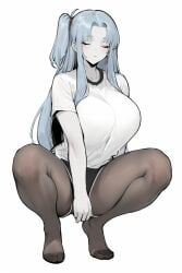 1girls ai_generated angela_(lobotomy_corporation) big_breasts blue_hair closed_eyes clothing female female_only library_of_ruina lobotomy_corporation long_hair pale-skinned_female pale_skin pantyhose project_moon