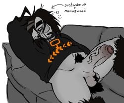 1boy ballzz bed_hair big_nose body_hair cowlick grim_(ballzz) half-dressed half_naked hoodie hoodie_up incredibox just_woke_up long_hair male_only nub_tail on_couch stubble tagme tired yellow_teeth